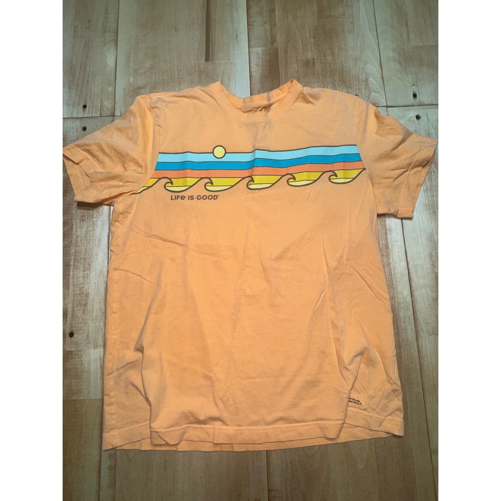Life Is Good Mens Large Crusher-Lite Orange Wave‎ Sun Graphic Tee T-Shirt L